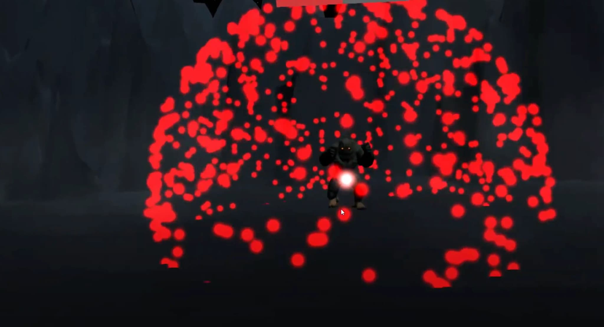 A monster figure striking down at an orb which triggers a red cluster explosion