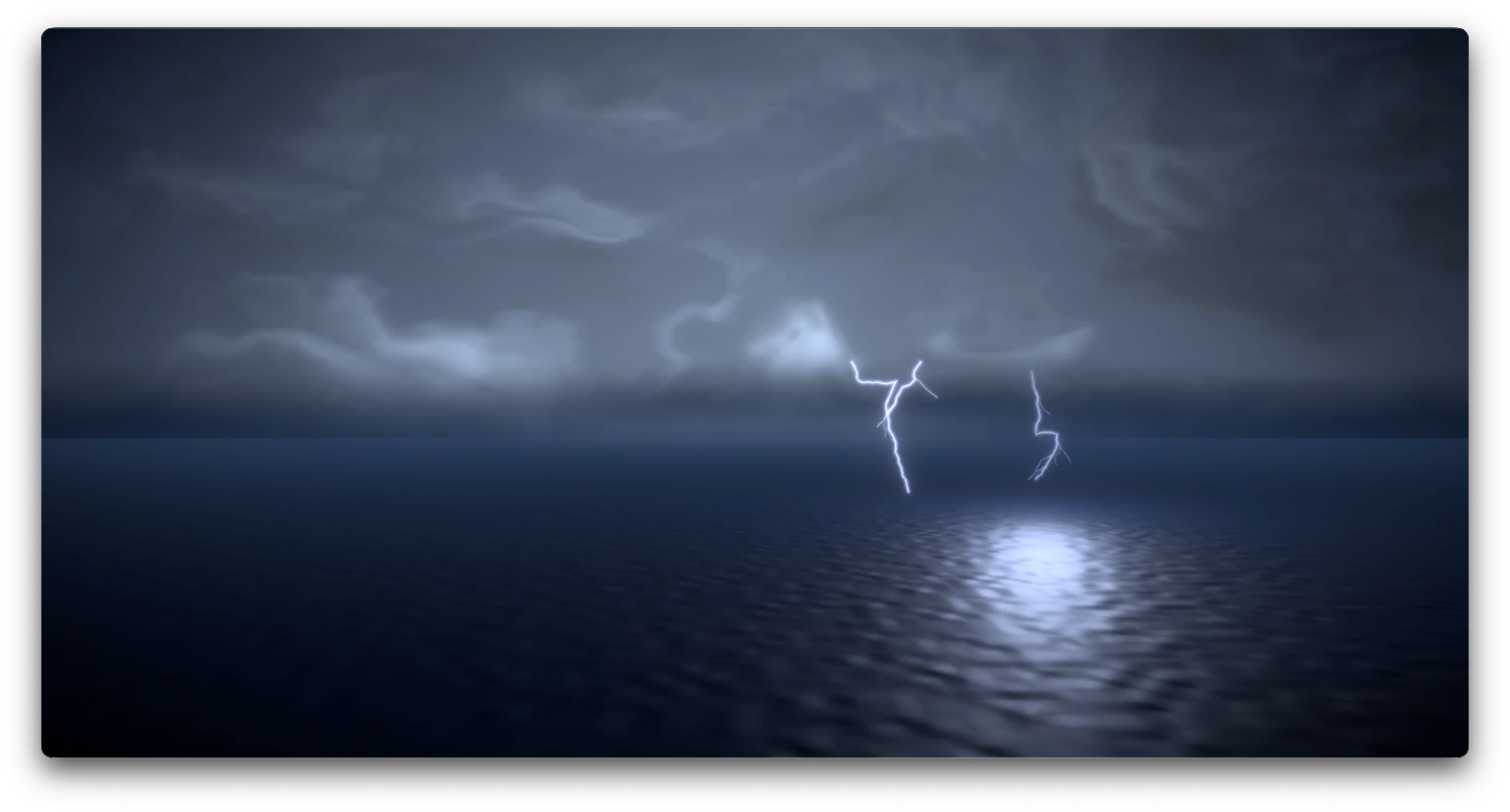 A wide view of the storm scene, with a bolt reflected in the water below