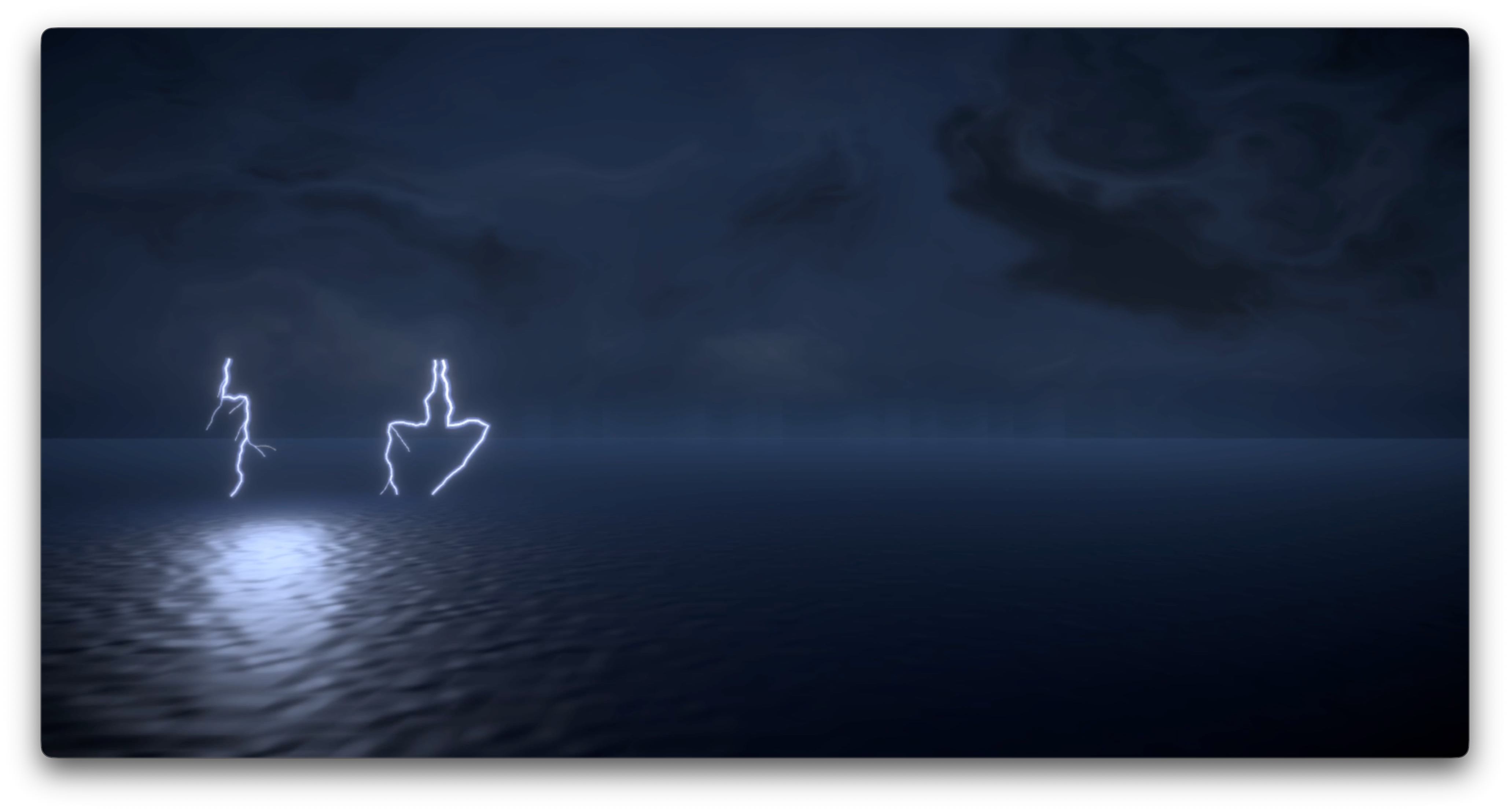 A forked lightning bolt striking down over a dark, reflective sea